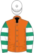 Orange, emerald green and white hooped sleeves, white cap