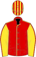 Red, yellow seams, yellow sleeves, red seams, red and yellow striped cap