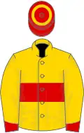 Gold, red hoop and cuffs, red cap, gold hoop