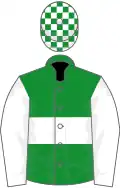 Green, white hoop and sleeves, check cap