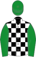 Black and white check, green sleeves and cap