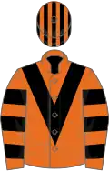 Orange, black chevron, hooped sleeves, striped cap