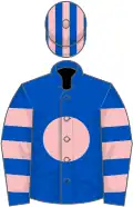 Royal blue, pink disc, hooped sleeves, striped cap