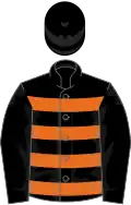 Black and orange hoops, black sleeves, black cap