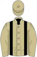 Beige, black braces, beige sleeves, beige cap