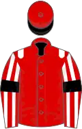 Red, white epaulets, striped sleeves, black armlets, red cap, black peak