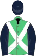 Emerald green, white cross belts, dark blue sleeves and cap