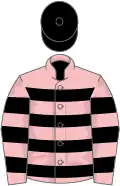 Rose, black hooped, pink sleeves, black hooped, black cap