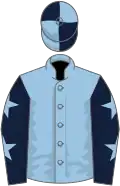 Light blue, dark blue sleeves, light blue stars, quartered cap