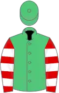 Emerald green, red and white hooped slvs, emerald green cap