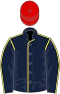 Dark blue, yellow seams, red cap
