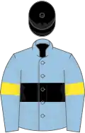 Light blue, black hoop, yellow armlets, black cap