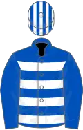 Royal blue and white hoops, blue sleeves, striped cap