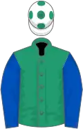 Emerald green, royal blue sleeves, white cap, emerald green spots