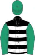 Black, white hoops, emerald green sleeves and cap