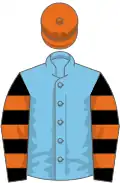 Kingfisher blue, black and orange hooped sleeves, orange cap