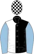 Black and White (halved), check cap, Light Blue sleeves