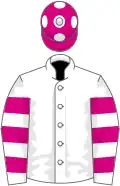 White, cerise hooped sleeves, cerise cap, white spots