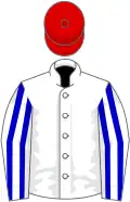 White, blue striped sleeves, red cap