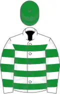 White, green hoops, chverons on sleeves, green cap