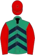 Emerald green and dark blue chevrons, red sleeves and cap