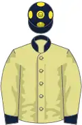 Primrose, dark blue collar and cuffs, dark blue cap with yellow spots