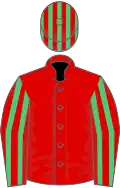 Red, emerald green striped sleeves and cap