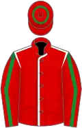 Red, green seams, red sleeves, green stripe, white seams, red cap, green hoop
