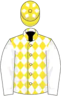 Yellow, white diamonds, white sleeves, yellow cap, white diamonds