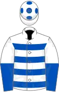 White and royal blue hoops, halved sleeves, white cap, royal blue spots