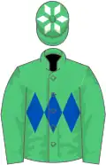 Emerald green, royal blue triple diamond, emerald green cap, white diamonds