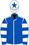 Royal blue, white seams, hooped sleeves, white cap, royal blue star