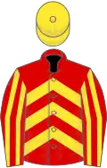 Red, yellow chevrons, striped sleeves, yellow cap