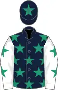 Dark blue, emerald green stars, white sleeves, emerald green stars, dark blue cap, emerald green star