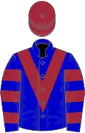 Blue, maroon chevron, hooped sleeves, maroon cap