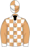 Fawn and white check, fawn sleeves, white cuffs, quartered cap