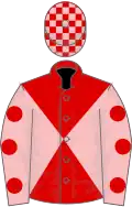 Red and pink diabolo, pink sleeves, red spots, red and pink check cap
