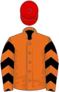 Orange, black and red chevrons on sleeves, red cap