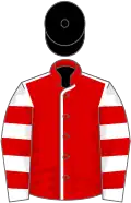 Red, white seams, white and red hooped sleeves, black cap