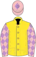 Yellow, pink sleeves, mauve diamonds, pink cap, mauve diamond