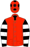 Scarlet, black and white hooped sleeves, black spots on cap