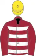 Maroon and white hoops, maroon sleeves, yellow cap