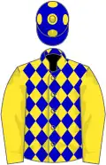 Yellow, blue diamonds on body, blue cap, yellow spots