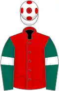 Red, dark green sleeves, white armlets, white cap, red spots