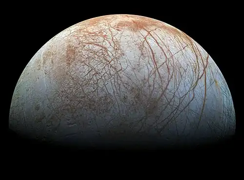 Image 10 Europa (moon) Photo credit: NASA/JPL Realistic-color mosaic of images of Jupiter's moon Europa taken by NASA's Jupiter orbiter Galileo in 1995 and 1998. This view of the moon's anti-Jovian hemisphere shows numerous lineae, linear features created via a tectonic process in which crustal plates of water ice floating on a subsurface ocean (kept warm by tidal flexing) shift in relative position. Reddish regions are areas where the ice has a higher mineral content. The north polar region is at right. (Geologic features are annotated in Commons.) More selected pictures