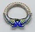 Bracelets with peacocks, Delhi, enameled silver inlaid with gemstones and glass, 19th century