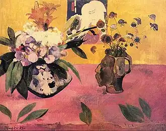 Paul Gauguin, Nature morte à l'estampe japonaise (Flowers Against a Yellow Background), 1889, oil on canvas, 72.4 × 93.7&nbsp;cm, Museum of Contemporary Art, Tehran