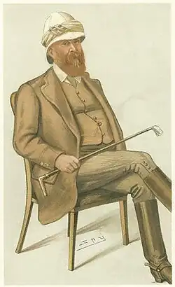 Colour painting of Lumsden sitting down, holding a riding whip.