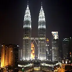 Petronas Towers, Kuala Lumpur, 1996 by Cesar Pelli and Fred Clarke, Cesar Pelli and Associates; lighting design Howard Brandston, Scott Matthews, Chou Lien, Jung Soo Kim