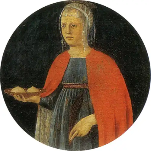 Saint Agatha bearing her severed breasts on a platter, by Piero della Francesca (c. 1460–1470)
